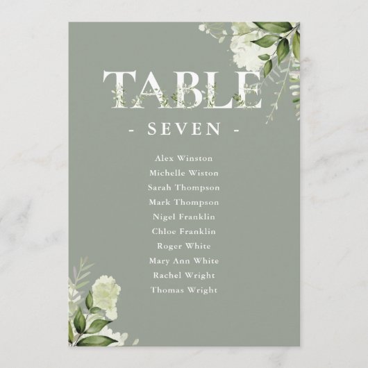 Sage Greenery Typografie Sitzplan Tischnummer (Vorderseite)