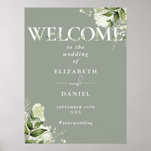 Sage Greenery Typografie Wedding Willkommenszeiche Poster (Vorne)