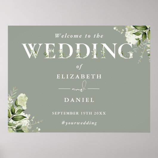 Sage Greenery Typografie Wedding Willkommenszeiche Poster (Vorne)