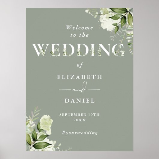 Sage Greenery Typografie Wedding Willkommenszeiche Poster (Vorne)