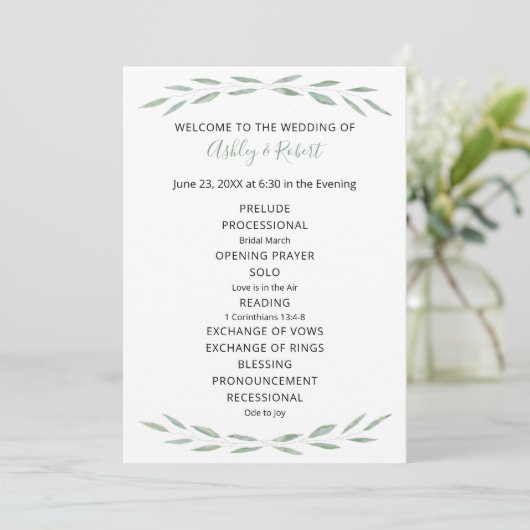 Sage Greenery Wedding Program, Botanisches Program Programm (Stehend Vorderseite)