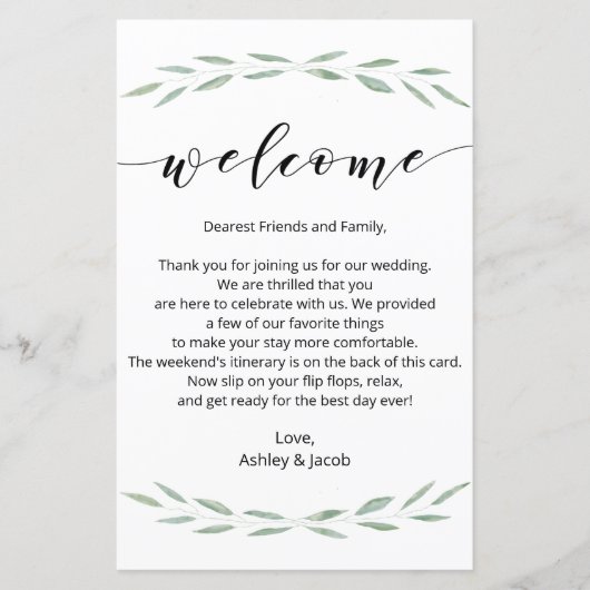 Sage Greenery Wedding Willkommensbrief, Reiseroute (Vorderseite)