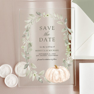 Sage Greenery Weiße Kürbis-Hochzeit Save the Date Acryleinladungen