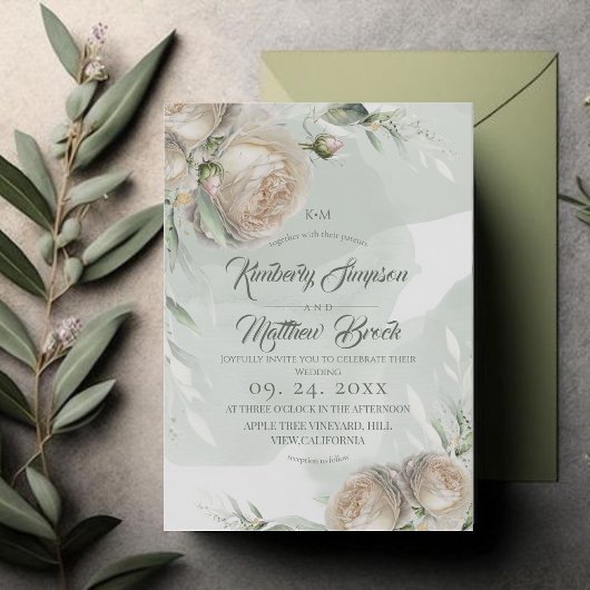Sage Greenery White Rose Wedding Einladung