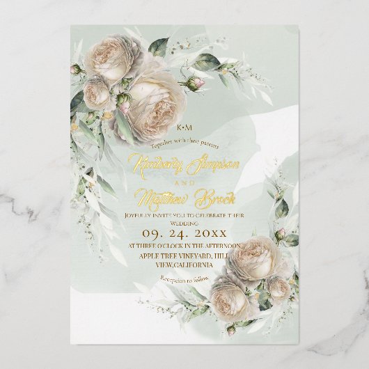 Sage Greenery White Rose Wedding Folieneinladung (Vorderseite)