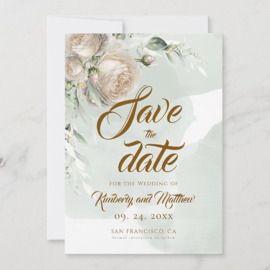 Sage Greenery White Rose Wedding Save The Date (Vorderseite)