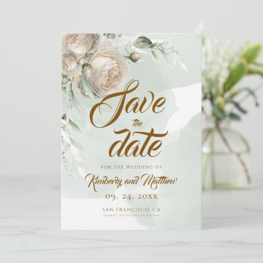 Sage Greenery White Rose Wedding Save The Date (Stehend Vorderseite)