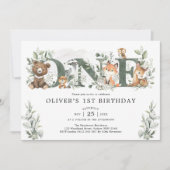 Sage Greenery Woodland Tiere 1. Geburtstag Einladung (Vorderseite)
