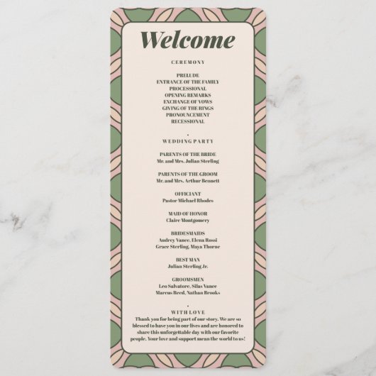 Sage-Grün Art Deco Hochzeitsprogrammkarte Programm (Vorderseite)