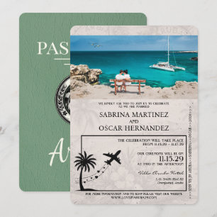 Sage Grün Aruba Reisepass Hochzeits-Einladung Einladung