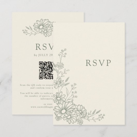 Sage Grün Botanischer Daisy QR-Code Hochzeit RSVP Karte (Vorne/Hinten)