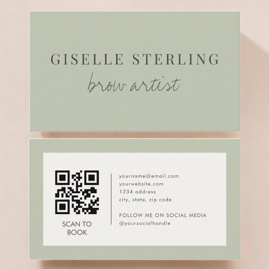 Sage-Grün-Brauenkünstler-QR-Code Visitenkarte