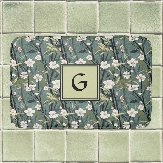 Sage Grün Chinoiserie Blumen Weiße Initiale Badematte