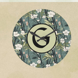 Sage Grün Chinoiserie Floral Weiß Initiale Große Wanduhr