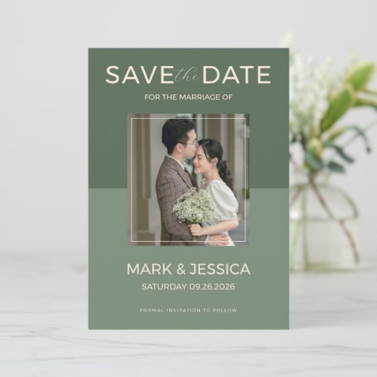 Sage-Grün doppelte Glückseligkeit Hochzeit Save The Date (Stehend Vorderseite)