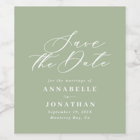 Sage grün elegante moderne Hochzeit speichern Sie Weinetikett (Einzelnes Label)