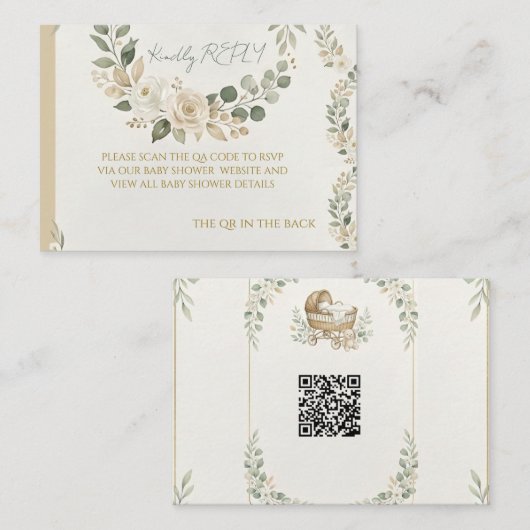 Sage Grün & Elfenbein Blumen QR Code RSVP Mitteilungskarte (Vorne/Hinten)