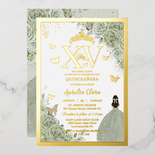 Sage Grün Floral Quinceañera Quince 15 XV Gold Folieneinladung