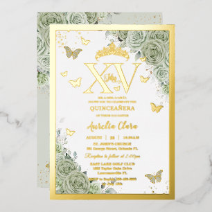 Sage Grün Floral Quinceañera Schmetterlinge XV Gol Folieneinladung