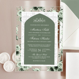 Sage Grün Floral Weiß Spitze Bogen Muslimische Hoc Acryleinladungen