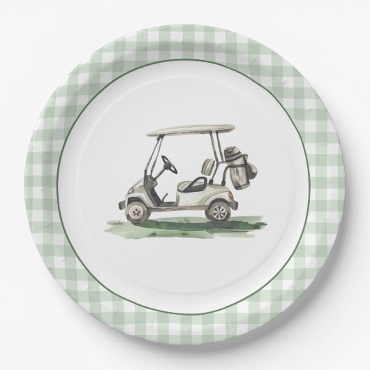 Sage Grün Gingham Golf Neu im Club Pappteller (Vorderseite)