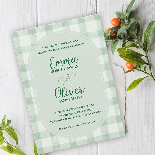 Sage-Grün-Gingham-Hochzeitsgartenparty Einladung