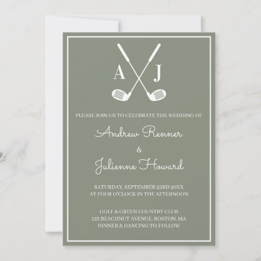 Sage Grün Golf Hochzeit Einladung (Vorderseite)