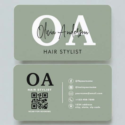 Sage-Grün-Hairstylist-Monogramm-QR-Code Visitenkarte