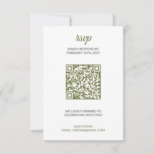 Sage Grün Hochzeit RSVP mit QR-Code Karte (Vorderseite)