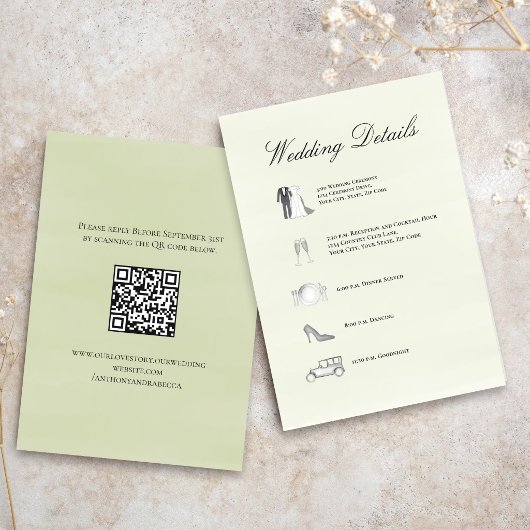 Sage Grün Hochzeitsdetails QR-Code Zeitachse Karte