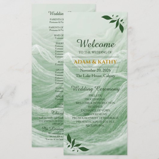 Sage Grün Marmor & Gold Hochzeitsprogramm Programm (Vorne/Hinten)