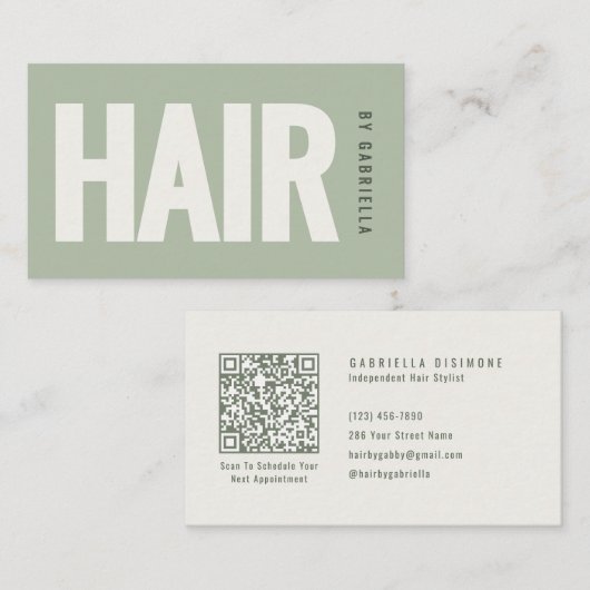 Sage-Grün-Minimalist-Haarstylist-QR-Code Visitenkarte (Vorne/Hinten)