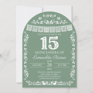 Sage-Grün Papel Picado Quinceañera 15. Geburtstag Einladung