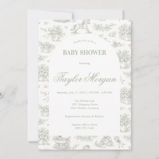 Sage Grün Toile Baby Shower Einladung | Klassisch
