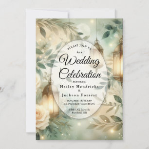 Sage Grün und Elfenbein-Rosen-Laternen-Hochzeit Einladung