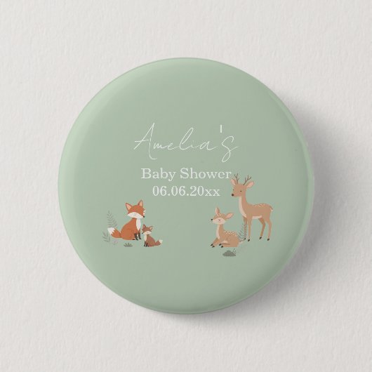 Sage Grün Waldtier Baby Shower Button (Vorderseite)