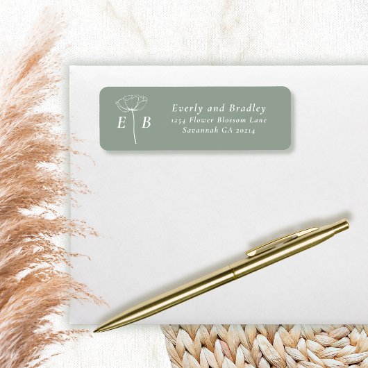 Sage Grün Weiße Monogramm Blumen Akzent Adresse