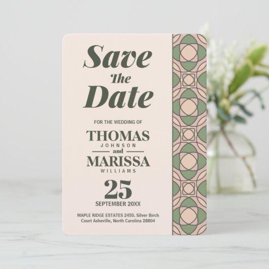 Sage-Grüne Art Deco Hochzeit Save the Date Karte (Stehend Vorderseite)
