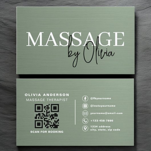Sage-Grüner Metallischer QR-Code für Massagetherap Visitenkarte