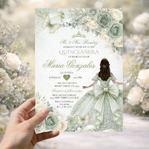 Sage-Grünes Blumen-Prinzessinnen-Kleid Quinceañera Einladung