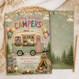 Sage-Grünes Glamping-Party-Einladung für Mädchen Einladung