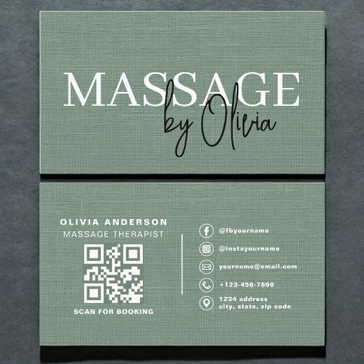 Sage-Grünes-Leinen-Massagetherapeut-QR-Code Visitenkarte