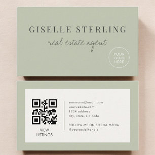 Sage-Grünes Logo einer Immobilienmakler-QR-Code Visitenkarte