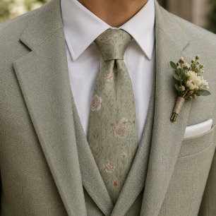 Sage-Grünes Vintage-Botanik-Wiesenmuster Krawatte