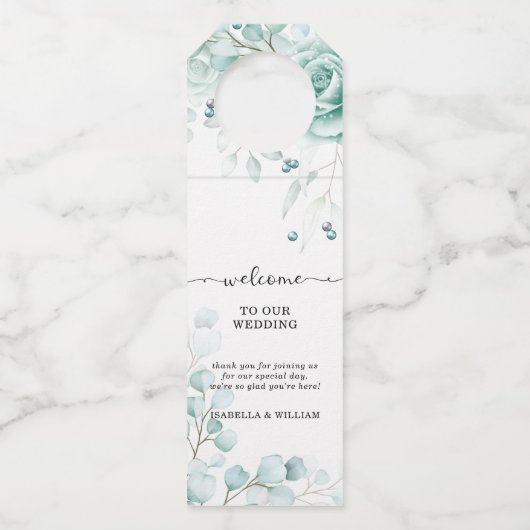 Sage Grüntöne Blumenhochzeit Personalisiert Flaschenanhänger (Vorderseite)