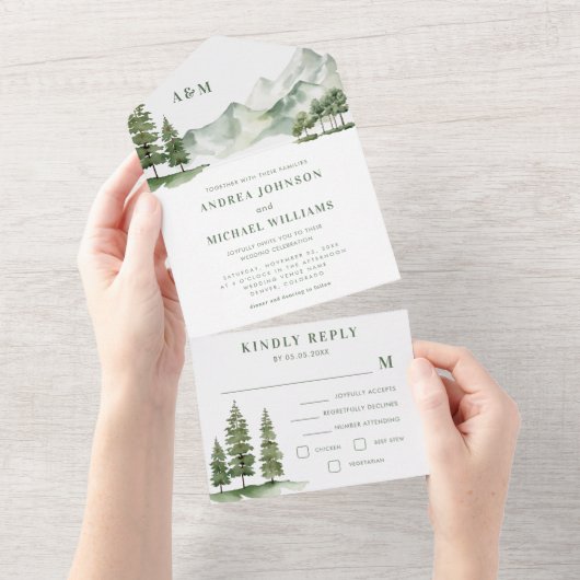 Sage Grünwald Berg Rustikale Natur Hochzeit All In One Einladung (Abreißen)