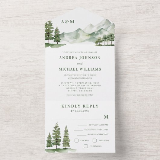 Sage Grünwald Berg Rustikale Natur Hochzeit All In One Einladung (Innen Boden)