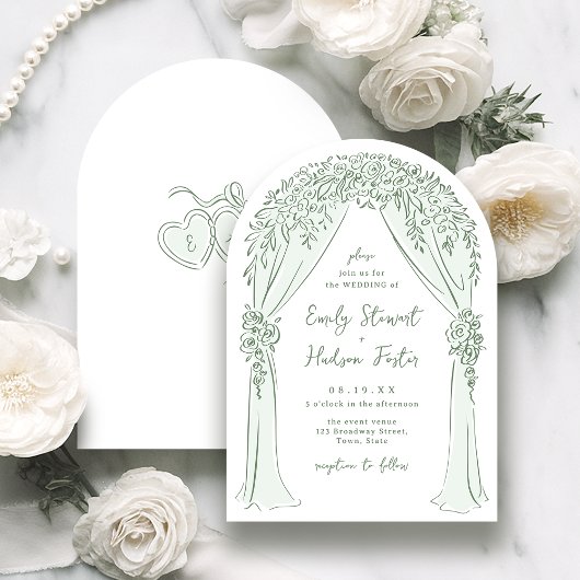 Sage Hand Drawn Floral Arch Whimsical Wedding Einladung