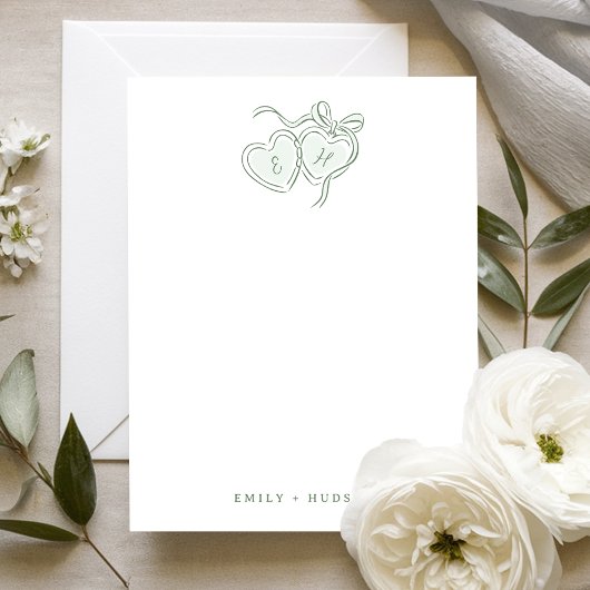 Sage Hand Drawn Hearts Monogram Personalized Mitteilungskarte