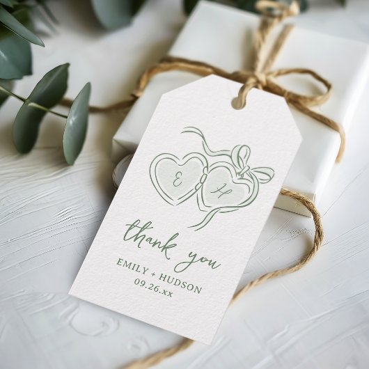 Sage Hand Drawn Hearts Monogram Thank You Favors Geschenkanhänger
